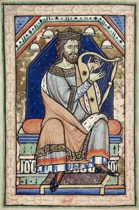 Medieval manuscript illustration of King David seated on a throne, wearing a crown and ornate robes, playing a harp. The background features decorative arches and lamps, typical of illuminated manuscript style.